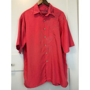 Bamboo‎ Cay Camp Tropical Vacation Shirt Large Persimmon Light Red Short Sleeve